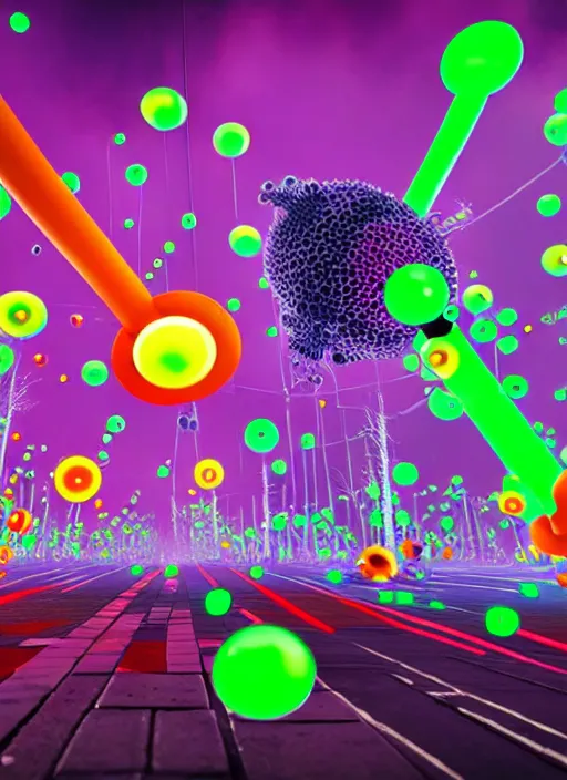 Image similar to giant colorful bright microbe and virus and dna and bacteriophage eat people in streets, neo - tokyo, realistic, 8 k, ultra detailed