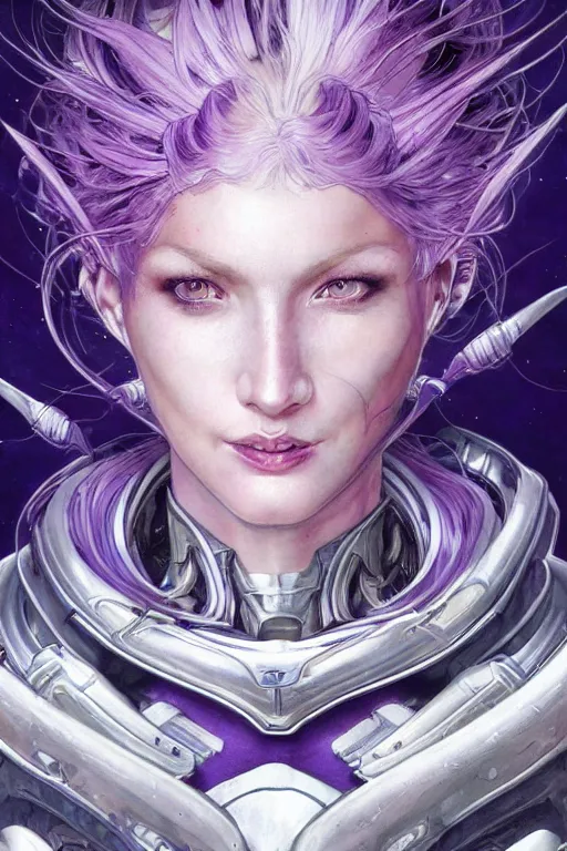 Image similar to extreme close up facial portrait, pale woman with tied purple hair in sci - fi armor, bionic armor, stoic, powerful, by artgerm and yoshitaka amano and moebius and alphonse mucha, hyperdetailed, dc comics, ornate, nebula, explosions in the sky, trending on artstation