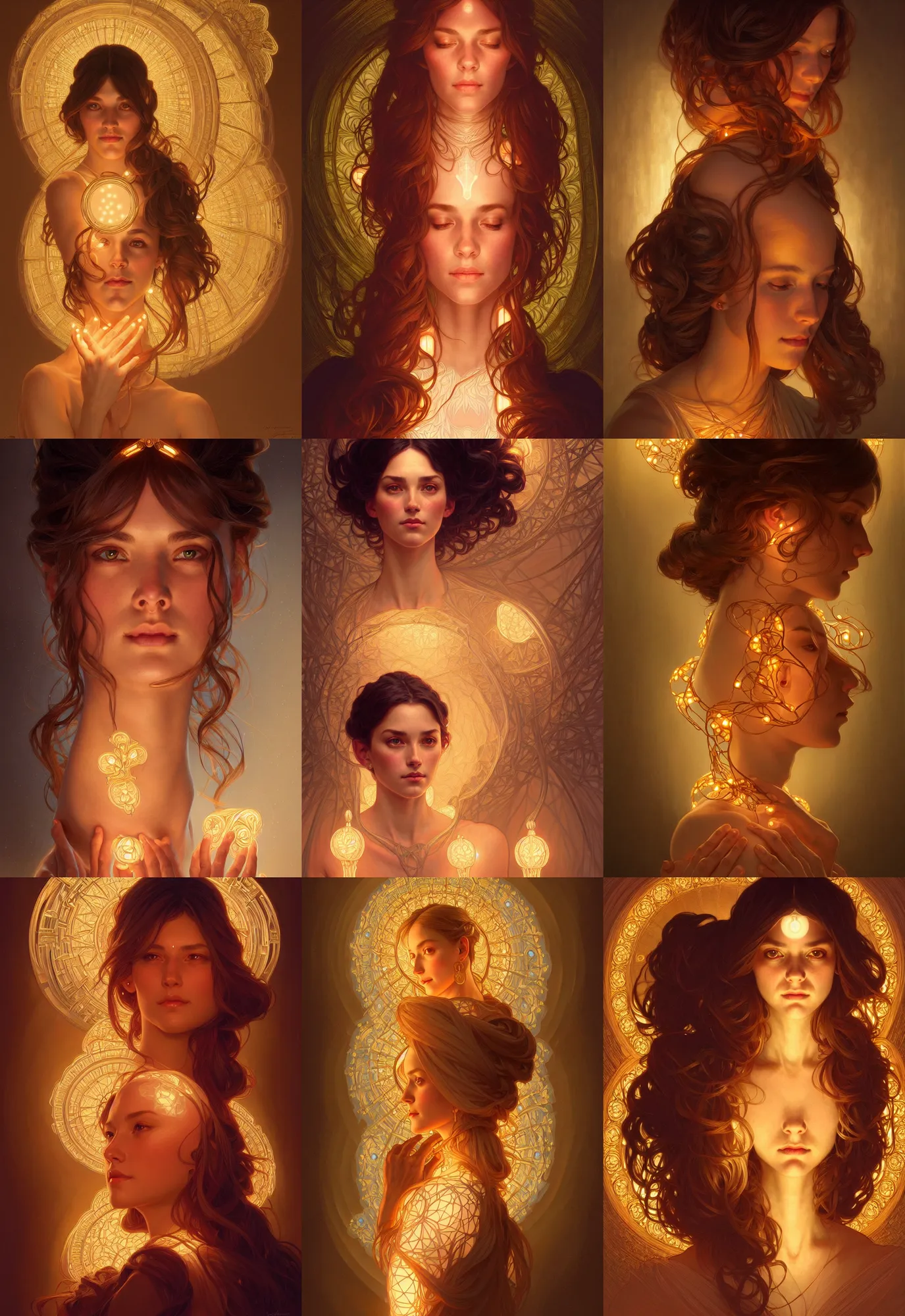 Prompt: symmetry!! portrait of a woman, cottagecore!!, glowing lights!! intricate, elegant, highly detailed, digital painting, artstation, concept art, smooth, sharp focus, illustration, art by artgerm and greg rutkowski and alphonse mucha