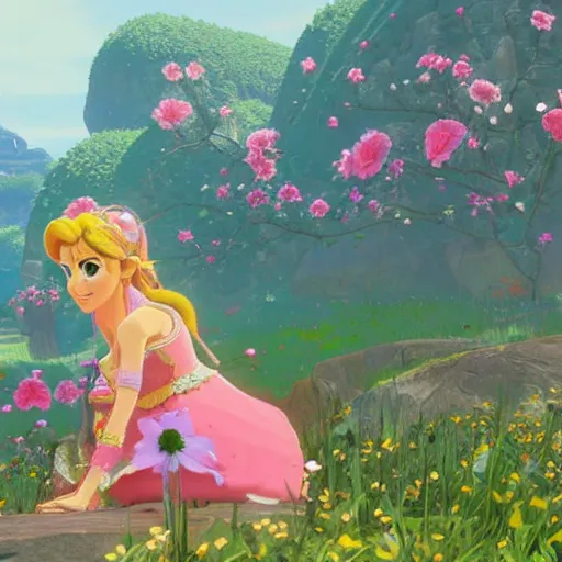 Prompt: princess peach admiring a flower in breath of the wild, in - game render, cell - shading, wide angle shot