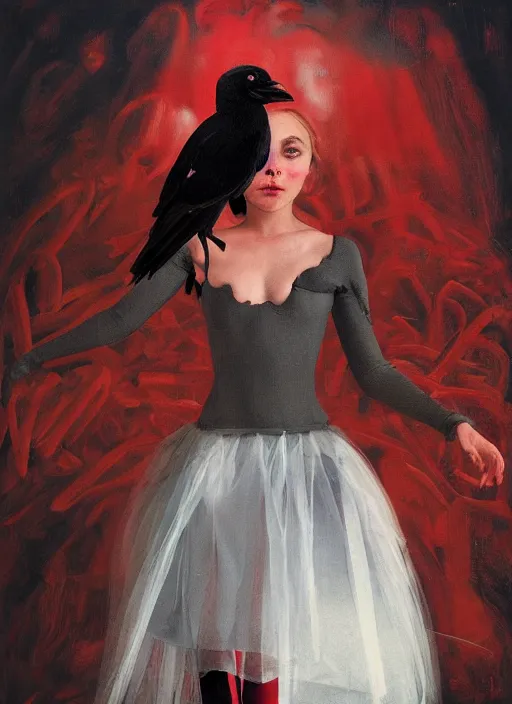 Image similar to portrait of annasophia robb standing on her knees, frozen cold stare, mouth open in shock and bliss, blood red background, transparent gray skirts, stockings, crows swarming trapped in the void as a symbol of death, in style of surrealism of Francis Bacon painting, Ilya Kuvshinov, John Singer Sargant, impasto textures of Chaim Soutine and Frank Auerbach, American Gothic, Japanese Gothic,