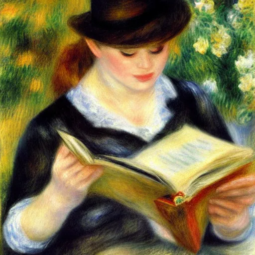 Prompt: renoir painting of black cat reading a book