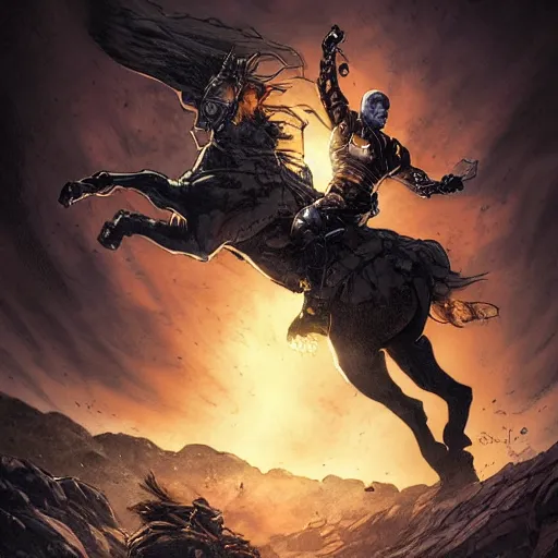 Image similar to chonky bald grey bearded ethan van sciver riding a dark horse into battle, full view, beautiful zoomed out artwork by artgerm and rutkowski, breathtaking, beautifully lit, dramatic, full view