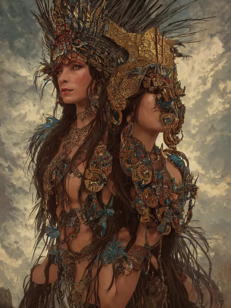 Image similar to a Photorealistic dramatic fantasy render of a beautiful woman wearing a beautiful intricately detailed Aztec Insect shaman mask and costume by WLOP,Artgerm,Greg Rutkowski,Alphonse Mucha, Beautiful dynamic dramatic dark moody lighting,shadows,cinematic atmosphere,Artstation,concept design art,Octane render,8K