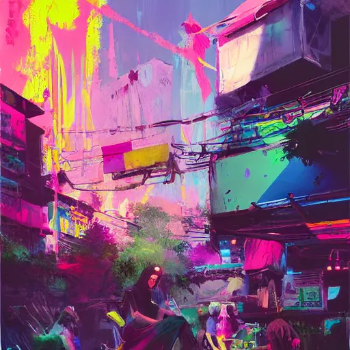 Image similar to acrylic painting, strong emotional impact, bold pastel colors, expressive brushstrokes, overall sense of movement in the composition. hippie bohemian encampment with tie - dye tents and a garden. cyberpunk art by liam wong, cgsociety, panfuturism, nature utopia, anime aesthetic