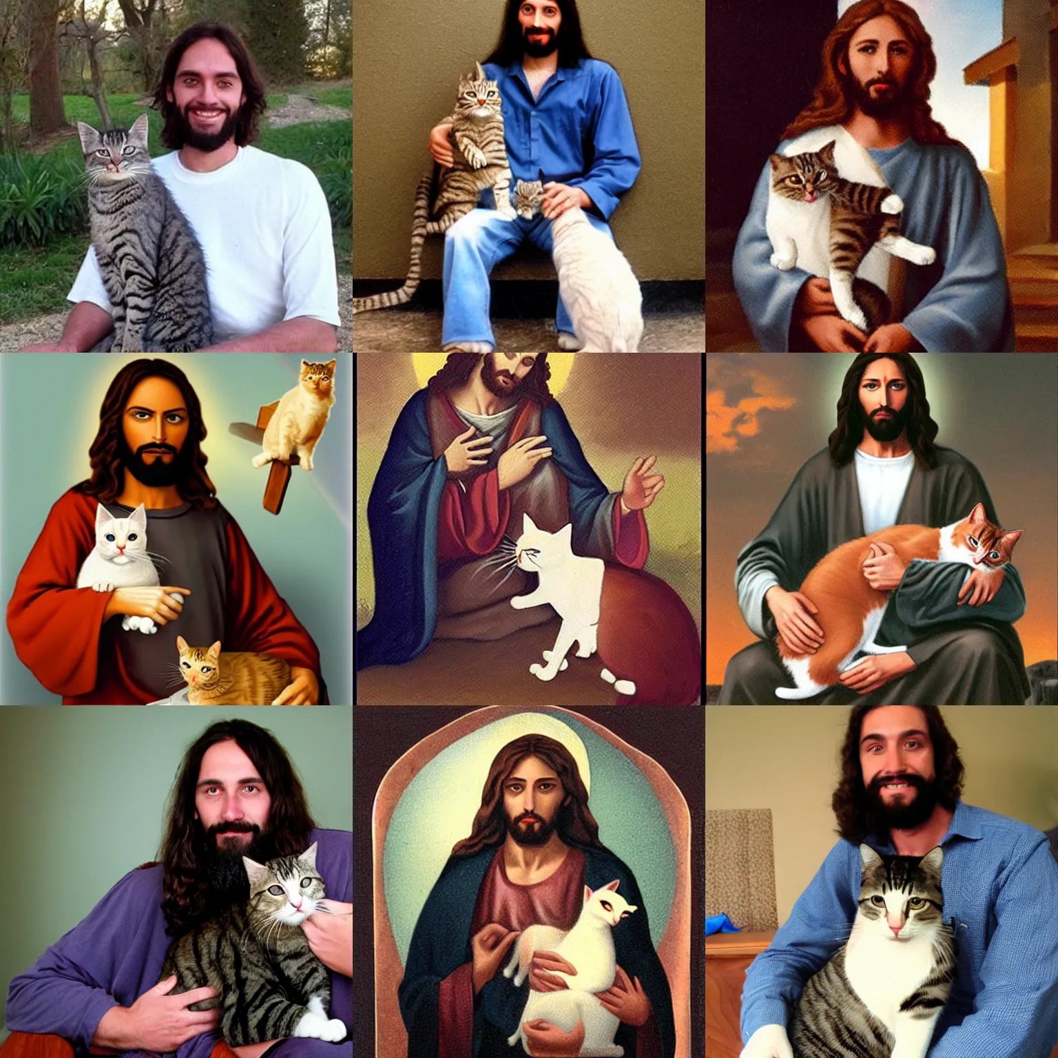 Prompt: jesus with cat sitting on his lap