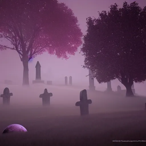 Prompt: ethereal graveyard with purple fog and a rising blood moon, high detail, 4k, octane render