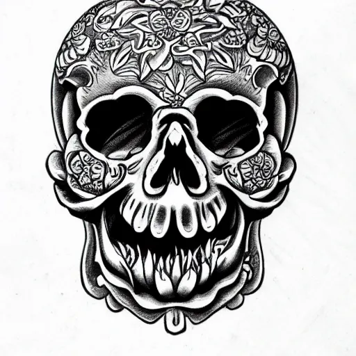 Image similar to highly detailed skull, Japanese style, tattoo ink sketch, isolated on white background