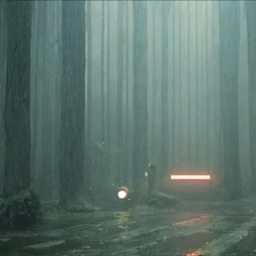 Image similar to a forest. still from blade runner.
