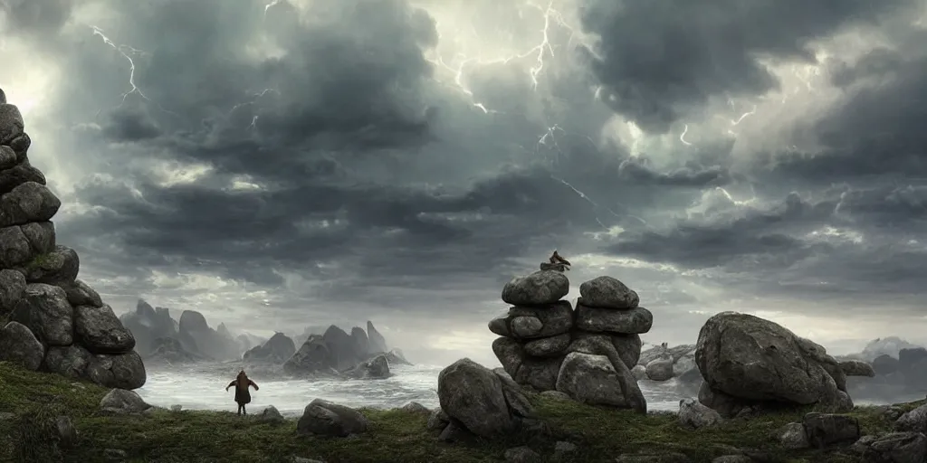 Image similar to photorealistic epic landscape with magically floating rocks, with ominous storm clouds, strange levitating stones, stones falling from the sky, a gentle rising mist. occult photorealism, uhd, amazing depth, glowing, volumetric lighting, cinematic lighting, by artgerm and greg rutkowski and alphonse mucha