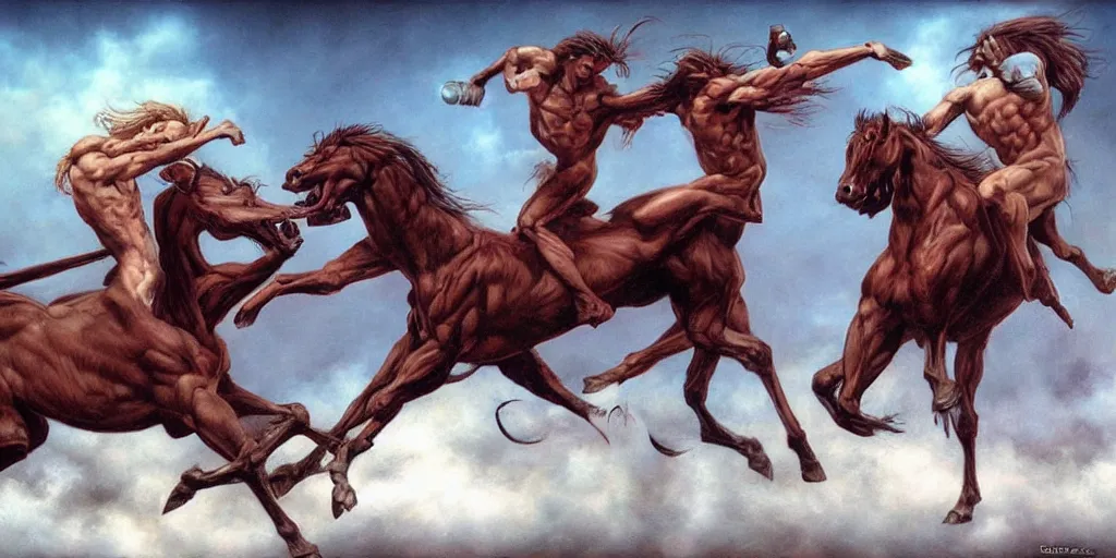 Image similar to centaurs fighting by gerald brom, hyper realistic