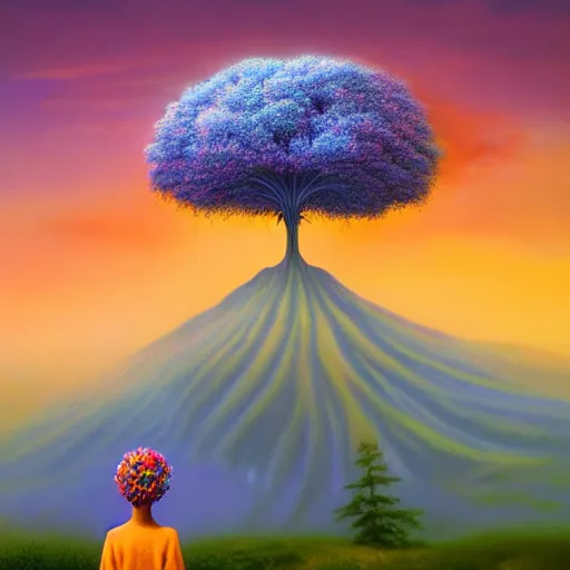 Image similar to giant flower head, frontal, woman standing on mountain, surreal photography, mist below, colorful clouds, impressionist painting, digital painting, artstation, rob gonsalves