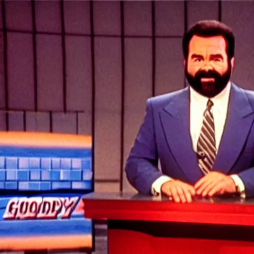 Image similar to Billy Mays hosting Jeopardy, VHS tape footage, 1991, the set of Jeopardy