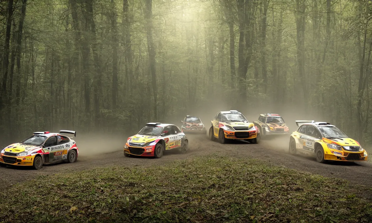 Image similar to 3 rally cars racing through a forest misty , sun shining through the trees, motion blur high detail ultra realistic 8k,