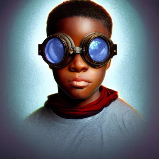 Image similar to colourful vfx upper half - portrait - art of a nigerian boy wearing steam punk goggles, art by alphonse mucha & james jean, digital render, digital illustration, concept art, caricature, volumetric light, ray tracing, symmetrical, unreal engine, octane 3 d render, sharp, detailed, intricate detail, pinterest, behance, art station,