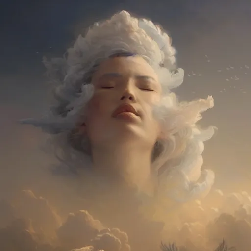 Prompt: a beautiful portrait of a cloud goddess with clouds and numerous tiny birds flying in the background and closed eyes by Greg Rutkowski and Raymond Swanland, Trending on Artstation, ultra realistic digital art