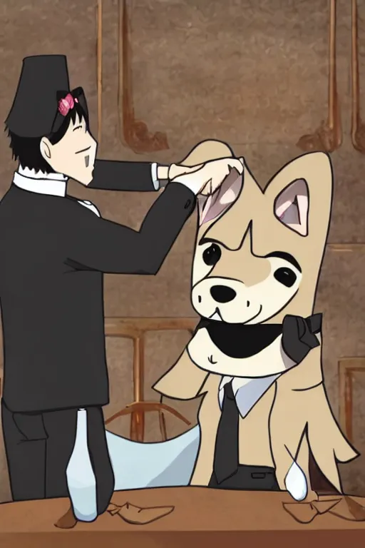 Prompt: an anime drawing of a dog - headed waiter at the reception of a fancy restaurant