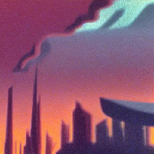 Prompt: futuristic angular neon pastel cityscape, still frame from Fantasia (1940)