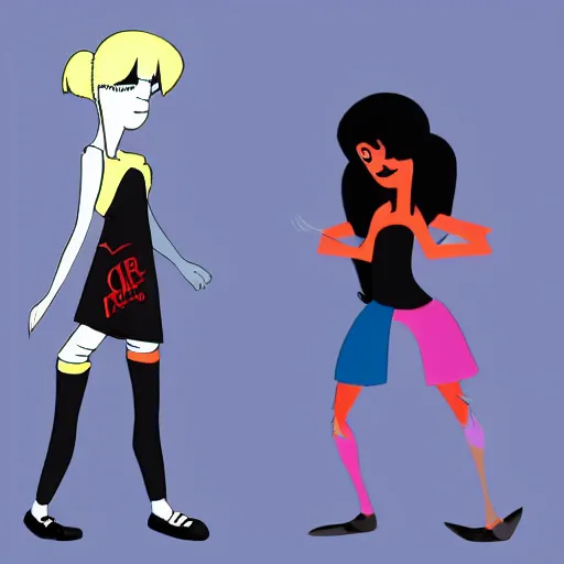 Image similar to a drawing of two cartoon girls, concept art by the mazeking, tumblr contest winner, vanitas, flat colors, dynamic pose, 2 d game art