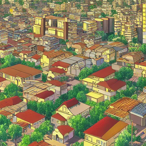 Image similar to japanese town, neighborhood, surreal neighborhood, street view, anime, modern neighborhood, japanese city, underground city, modern city, tokyo - esque town, 2 0 0 1 anime, cel - shading, compact buildings, sepia sunshine, yellow sunshine