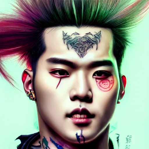 Prompt: portrait painting of a cyberpunk jackson wang from got 7 with a z tattooed on his forehead, ultra realistic, concept art, intricate details, eerie, highly detailed, photorealistic, octane render, 8 k, unreal engine. art by artgerm and greg rutkowski and magali villeneuve and alphonse mucha