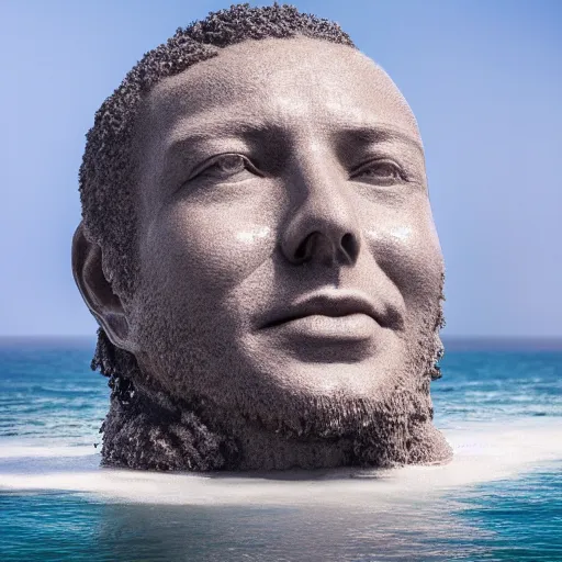 Prompt: a giant sculpture of a human head on the ocean, made purely out of water, cinematic, in the style of chad knight, long shot, hyper detailed, hyper realistic, ray tracing, 8 k resolution, sharp focus, realistic water, award winning