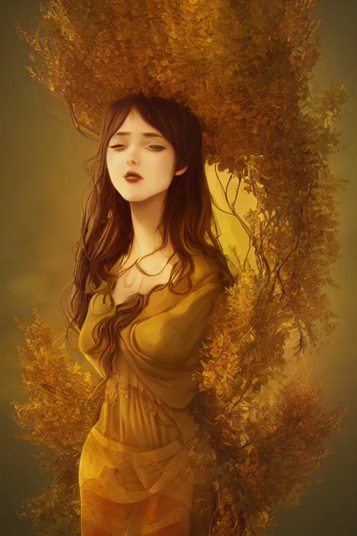 Image similar to The goddess of autumn harvest, tranquility, beautiful face, long hair, wearing wheat yellow gauze, comic style, virtual engine, 3D, sense of atmosphere, goddess, by wlop