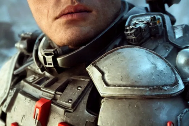 Image similar to VFX movie of a futuristic spacemarine closeup portrait in war zone, beautiful natural skin natural lighting by Emmanuel Lubezki