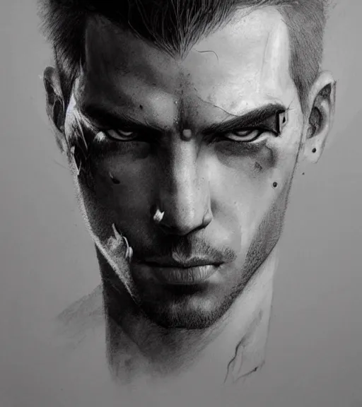 Prompt: brutal man, beautiful piercing eyes, realistic face, black and white drawing, in the style of greg rutkowski, fantasy, amazing detail, epic, intricate, elegant, smooth, sharp focus