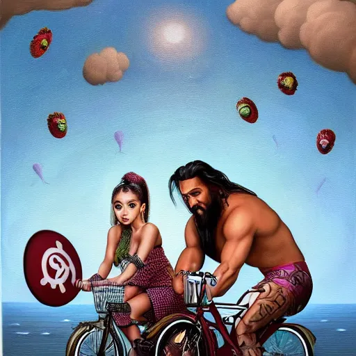 Prompt: ariana grande and jason momoa on a tandem, lowbrow painting by mark ryden