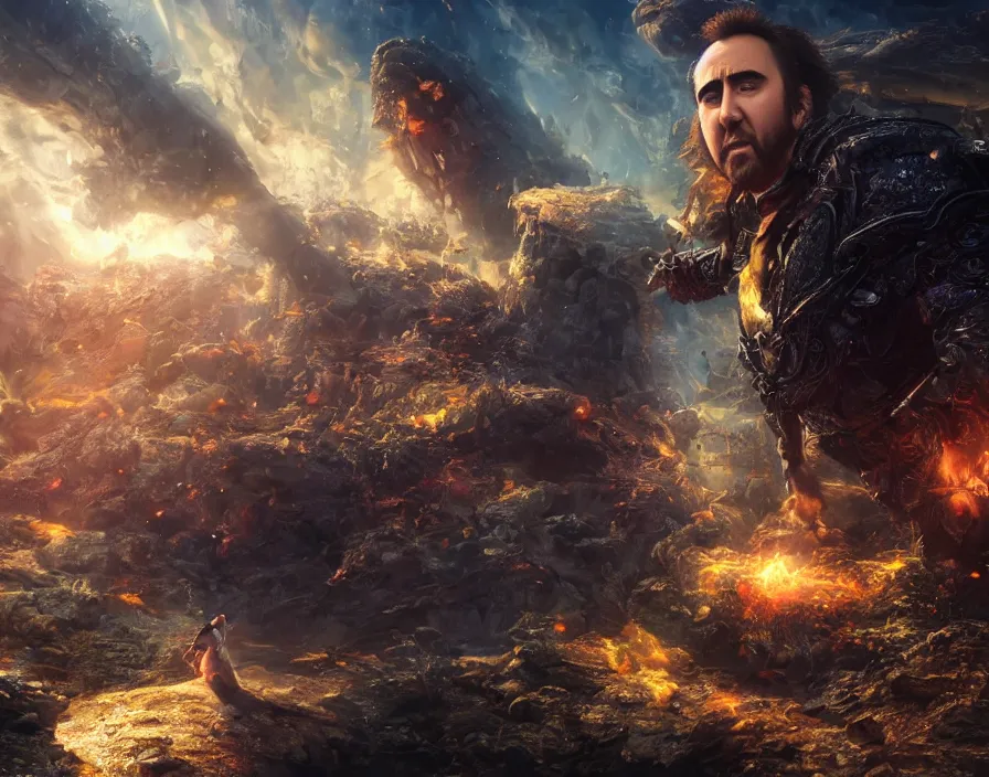 Image similar to nicolas cage save the universe from giant snail, beautiful texture, beautiful graphics, fantasy artwork, very beautiful scenery, hd, hdr, ue 5, ue 6, unreal engine 5, cinematic 4 k wallpaper, 8 k, ultra detailed, by popular digital, details, beautiful image ever created, high resolution, artstation, award winning