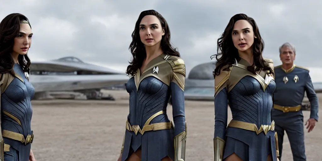 Image similar to Gal Gadot, in full starfleet uniform, is the captain of the starship Enterprise in the new Star Trek movie