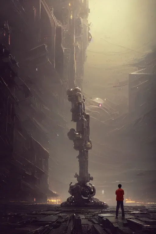 Image similar to A small person standing before a giant michanical robot by Greg Rutkowski, beeple, Sung Choi, Mitchell Mohrhauser, Maciej Kuciara, Johnson Ting, Maxim Verehin, Peter Konig, final fantasy, macro lens, 35mm, 8k photorealistic, cinematic lighting, HD, high details, dramatic, dark atmosphere, trending on artstation