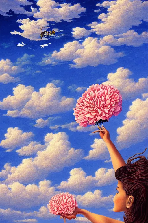 Image similar to closeup, giant carnation flower head, woman flying, surreal, clouds in sky, impressionist painting, digital painting, artstation, rob gonsalves