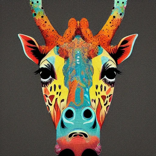 Prompt: “painted giraffe portrait, dotart, album art in the style of James Jean”