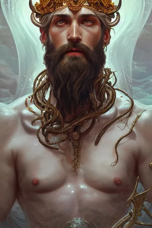 Image similar to portrait Poseidon god of sea with crown, sci-fi, fantasy, intricate, very very beautiful, elegant, highly detailed, digital painting, artstation, concept art, smooth, sharp focus, illustration, art by artgerm and greg rutkowski and alphonse mucha