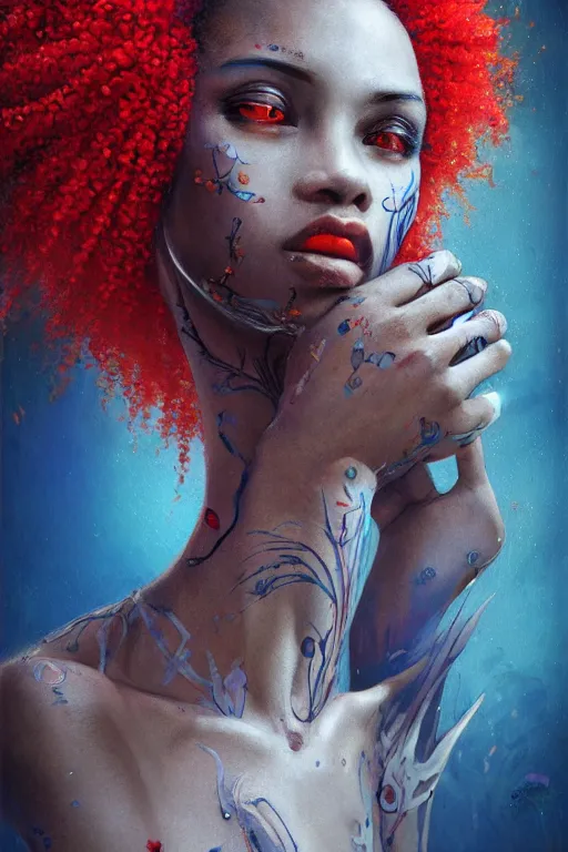 Image similar to portrait of beautiful young maiden, warhammer, afro style, more and more cyberpunk, a lot of more scars, more and more flowers, blue head, some red water, the middle ages, highly detailed, artstation, illustration, artgerm sylvari portrait, 8 k quality, art by alfred kubin