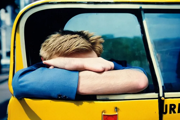 Prompt: candid photo of a Caucasian man sat in back of a UK taxi, Kodak Portra 400,8K,highly detailed: beautiful perspective extreme closeup portrait photo in style of 2000s retrofuturism, photography fashion edition, tilt shift, highly detailed, focus on man ;blonde hair;blue eyes, clear eyes, soft lighting