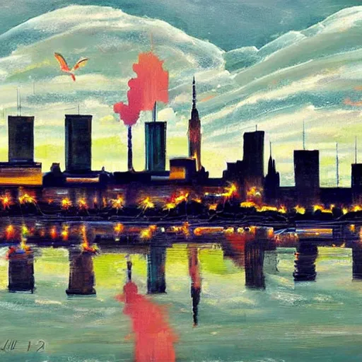 Image similar to Arnhem skyline. Beautiful artistic painting by Lurid. (2022)