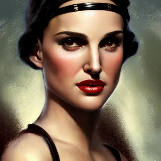 Prompt: a closeup portrait of a young natalie portman, 1 9 2 0 s, diva, femme fatale, detective thriller, gorgeous view, night, film noir, eerie, high detail, art by artgerm and greg rutkowski and alphonse mucha, digital art, trending on artstation