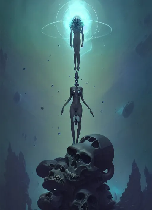 Image similar to shackled in the void, by hr beeple and cgsociety. stunning goddess of sasquatch, charlie bowater and tom bagshaw, insanely detailed, artstation, space art. atoms surrounded by skulls and spirits deep under the sea, horror, sci - fi, surrealist painting, by peter mohrbacher