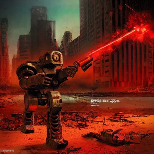 Image similar to Dreamt in `43.71s` for `!dream a bipedal military robot crushing a skull with its hands. Derelict cityscape. Red back lit. Ominous. Sci-fi film production photo. W 2048