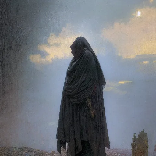 Image similar to half portait of magican wearing a closed cowl holding a big old book!, jeremy mann, jean leon gerome, alphonse mucha, greg rutkowski, hood covers his eyes, chains on his wrist, ( ( ruins of ancient rome ) ), at dusk, mysterious atmosphere, sunrays, dof, masterpiece, high detailed, 8 k