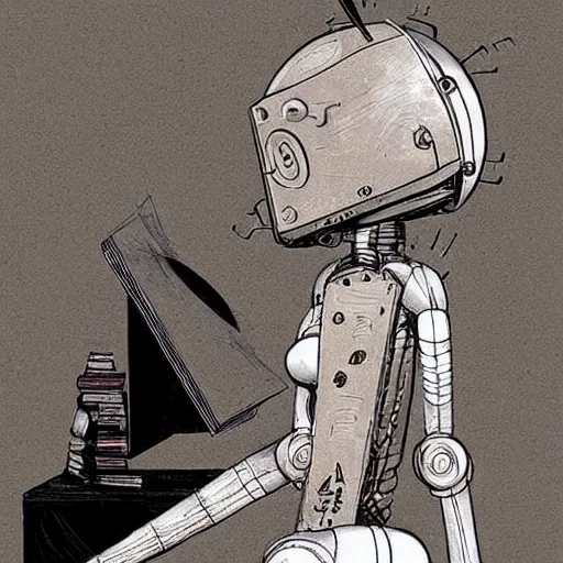 Prompt: a fullmetal wired robot is reading the intimate diary of sophia aeon, by dave mckean