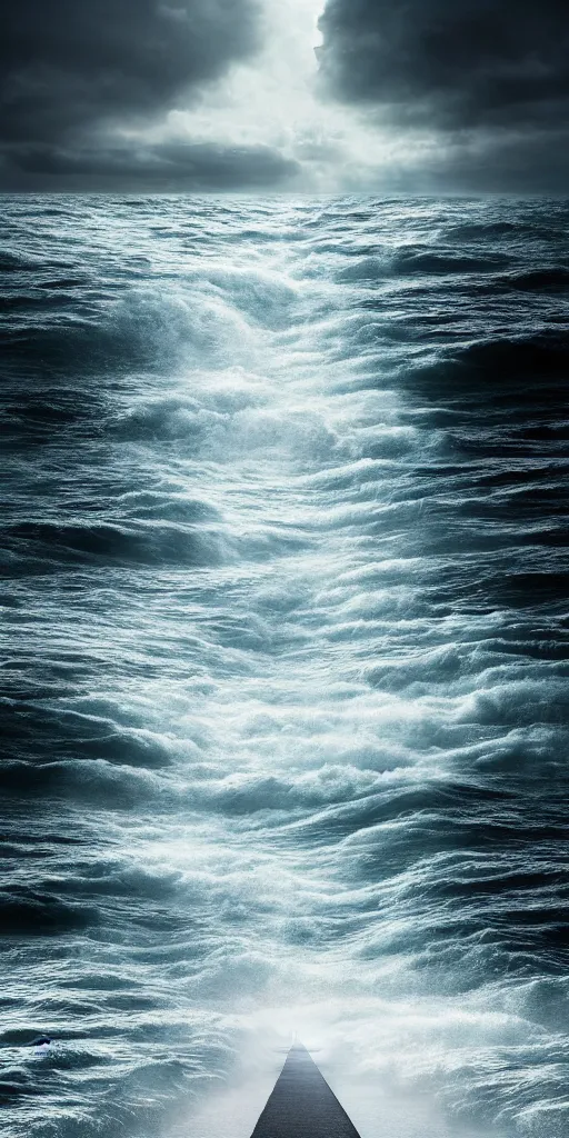 Image similar to a path through the sea, path, wall of water either side, biblical, exodus 1 4 : 2 1 & 2 2, moses, by stephen king, cinematic, hyperrealistic, evil, dark, cgsociety, 8 k