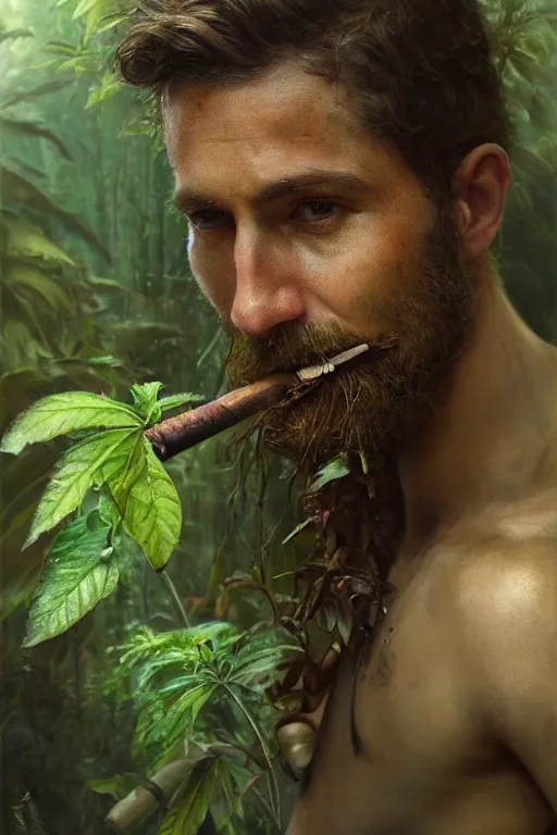 Image similar to a beautiful portrait of august schellenberg taking tobacco snuff in the jungle, hyper realistic face, fantasy art, in the style of greg rutkowski, intricate, matte painting, hyper detailed, smooth