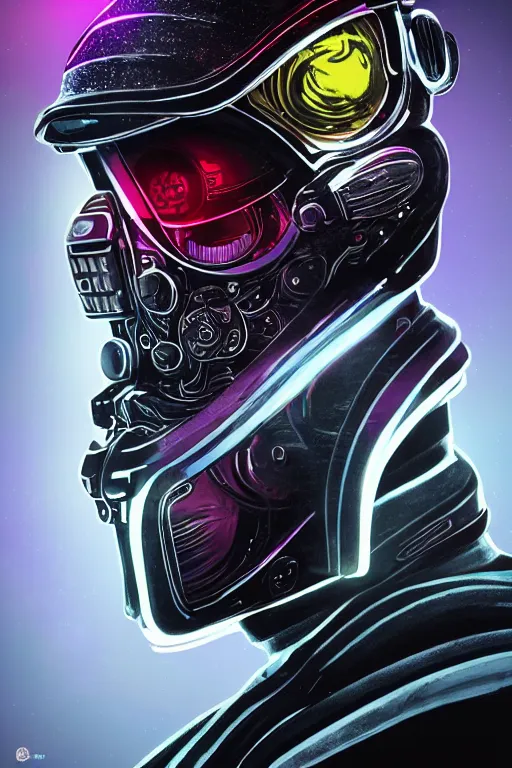 Image similar to portrait art of 8k ultra realistic retro futuristic astronaut, side profile, helmet visor smashed, , glow around helmet, deep space , detailed intricate ornate armour,eldritch horror,blade runner, cybernetic, full of colour, cinematic lighting, trending on artstation, 4k, hyperrealistic, focused, extreme details,unreal engine 5, cinematic, masterpiece, art by ayami kojima, giger