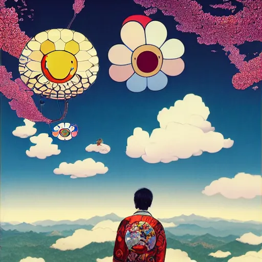 Image similar to a man walking on clouds away from the camera above kyoto by takashi murakami, beeple and james jean, aya takano color style, 4 k, super detailed, modern, 4 k, symmetrical