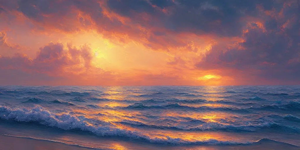 Image similar to a beautiful sunset over the ocean, artstation, cgsociety, detailed, gorgeous painting