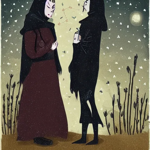 Image similar to a tall goth brunette woman in a black hooded cloak, standing beside a short butch blonde tomboy woman engineer, in a garden at night, soft and romantic, illustration, highly detailed, dark muted colors, constellations